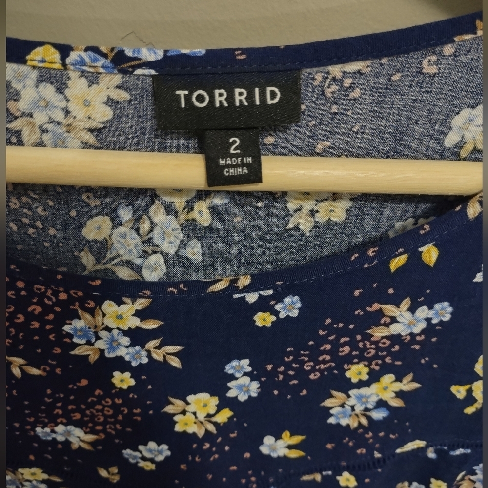 Torrid Navy‎ Floral Challis Mini Dress 2X Trapeze Short Sleeve Beach Coastal - Picture 5 of 12